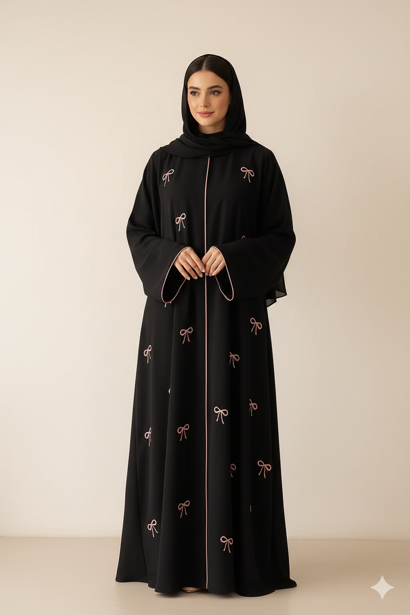 Black Abaya with Pink Bow Embroidery