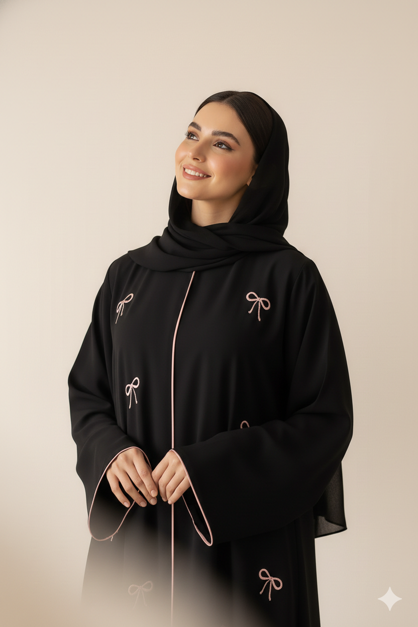 Black Abaya with Pink Bow Embroidery