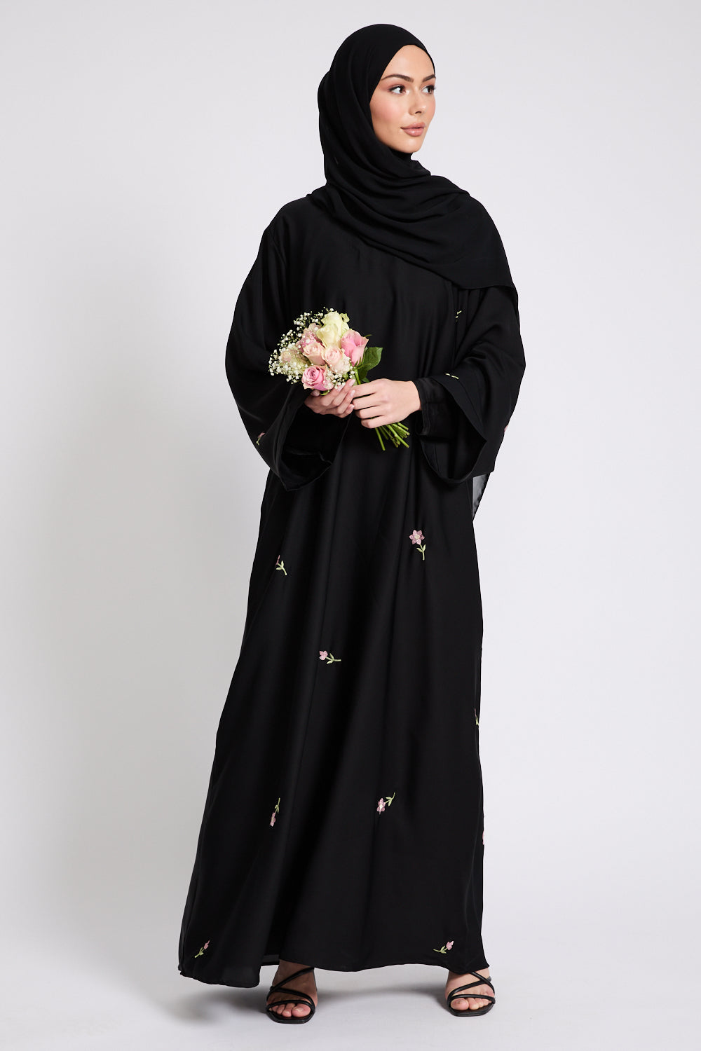 Black Closed Abaya with Dainty Floral Embroidery