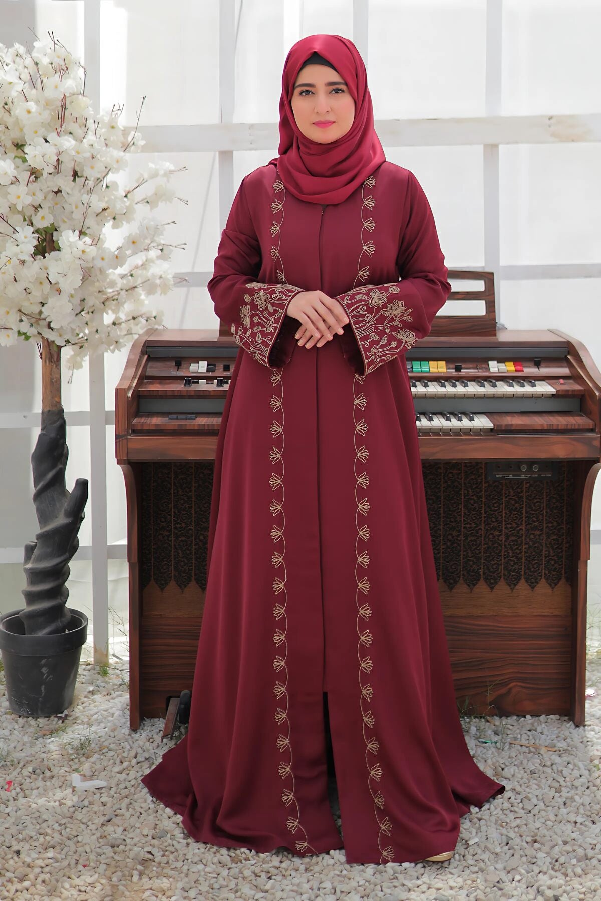 Deep Carmine Embroidered Abaya