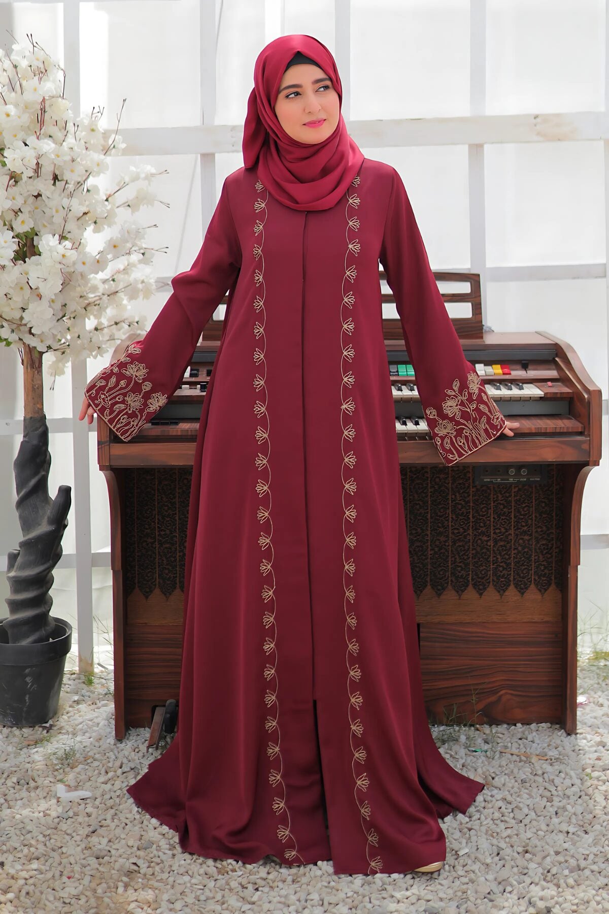 Deep Carmine Embroidered Abaya
